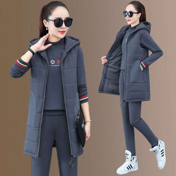 

autumn winter sports leisure women 2020 new medium and long vest fashion sweater plush thickening three piece suit8uy, Gray