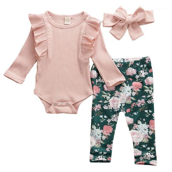 

newborn baby girl clothes solid color knitted cotton romper flower print long pants headband 3pcs outfits clothes1, White