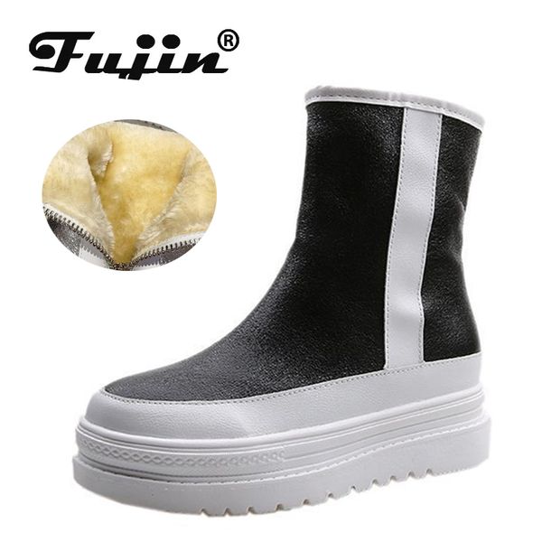 

fujin womens ankle boots leather boots warm winter boots slip on snow for women plush fur fashion women snow shoes, Black