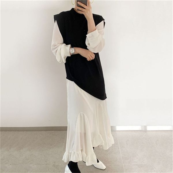 

2021 new female dress shredded turtleneck long sleeves loosened asymmetric to mid-calf line dressed spring acxl, Black;gray