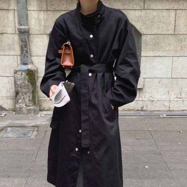 

women's trench coats minimalist oversize long single-breasted coat elegant overcoat 2021 workwear windbreaker with belt, Tan;black