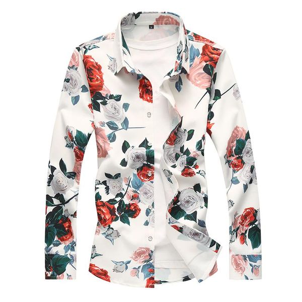 

men's casual shirts 2021 floral print men -7xl long sleeve flower mens dress hawaii male shirt camisa masculina, White;black