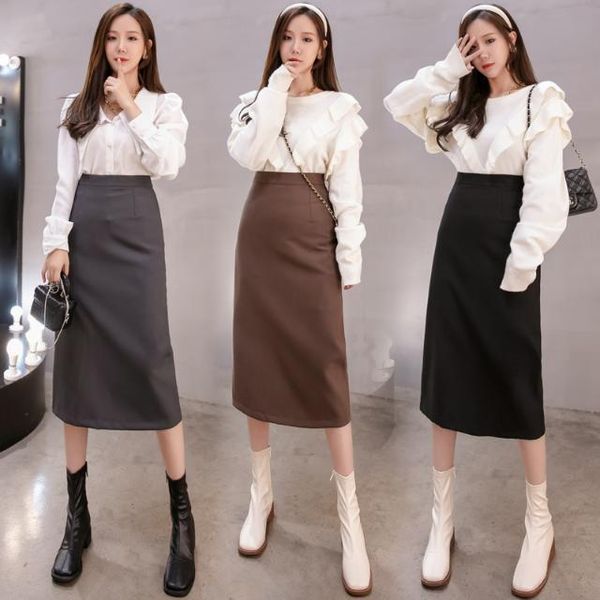 

women 2020 new autumn new fashion solid color skirt female high waist pencil skirts ladies mid-long slim package hip skirt m273, Black