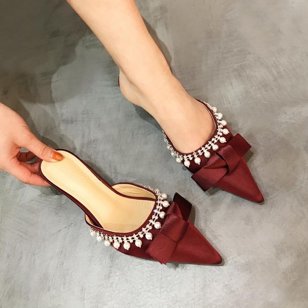 

dress shoes woman silks pearl pumps beading string mules pointed toe high 5cm ladies pretty party wedding pump sandal, Black