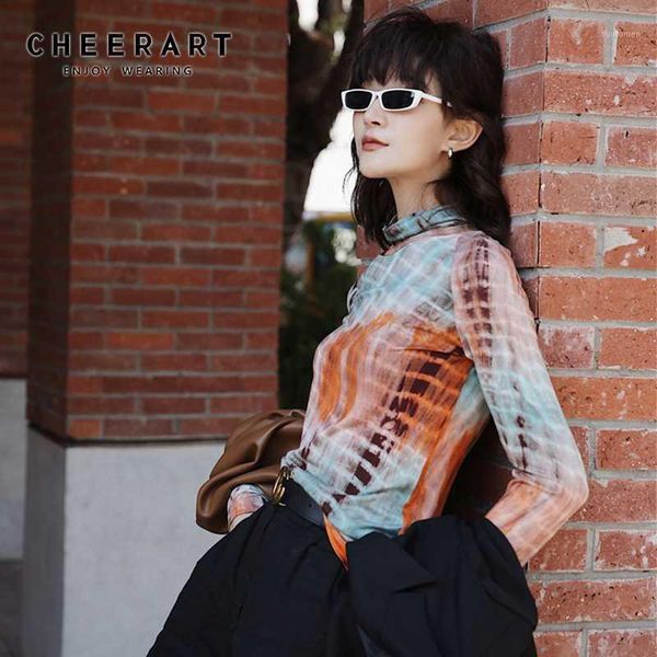 

cheerart tie dye turtle neck t shirt women raglan long sleeve tshirt ladies fall tee shirt femme clothes 20201, White