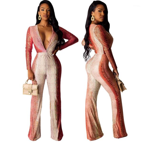 

long sleeve slim waist down rompers ladies wide leg pants jumpsuit women deep v jumpsuit gradient, Black;white