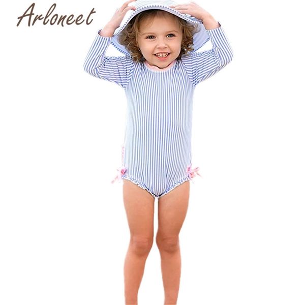 

arloneet clothes swimwear girl striped print swimsuit bath kid beachwear swimming suit for girls summer bathing costume set y200525, White