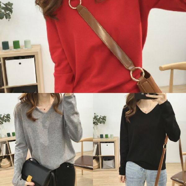 

obdpr core bottoming coat t-shirt yarn fabric loose and v-neck thin solid color t-shirt women's soft waxy comfortable long sleeve spun, White;black