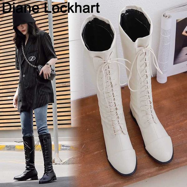 

large size lace up knee high boots for women winter soft leather fashion white black flat heel woman botas mujer invierno 39 40
