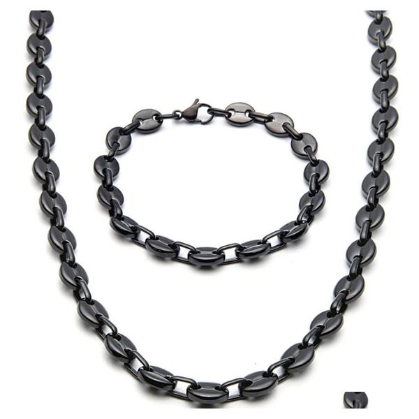

fashion jewlery 9mm wide brand new men/women's silver/black/golg tone stainless steel coffee bean link chain necklace bracelet nb07 uun