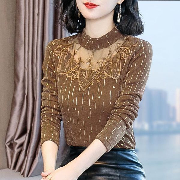 

fashion women spring autumn embroidery blouses women's casual long sleeve hollow out lace slim shirts women's mesh df32831, White