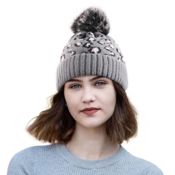 

new fashion women ladies winter warm knit hat classic leopard print warm beanie cap with big faux fur pom, Blue;gray