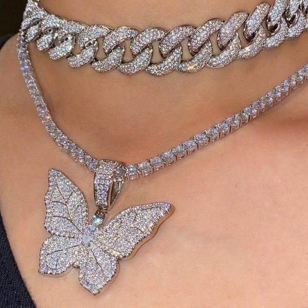 

chains iced out bling cubic zircon butterfly pendant necklace leaf charm 5mm cz tennis chain men women hip hop jewelry, Silver