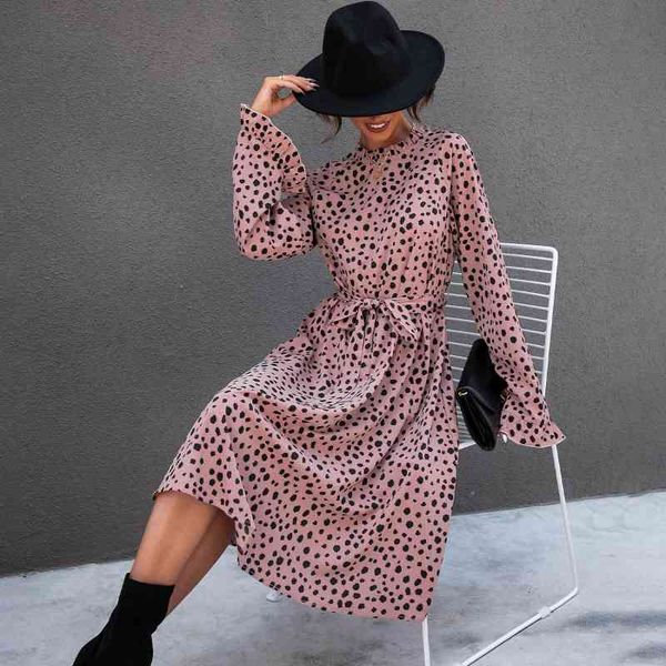 

womens elegant dresses fashion leopard printed dress women with belt high waist autumn vestidos female simple midi dresses, Black;gray