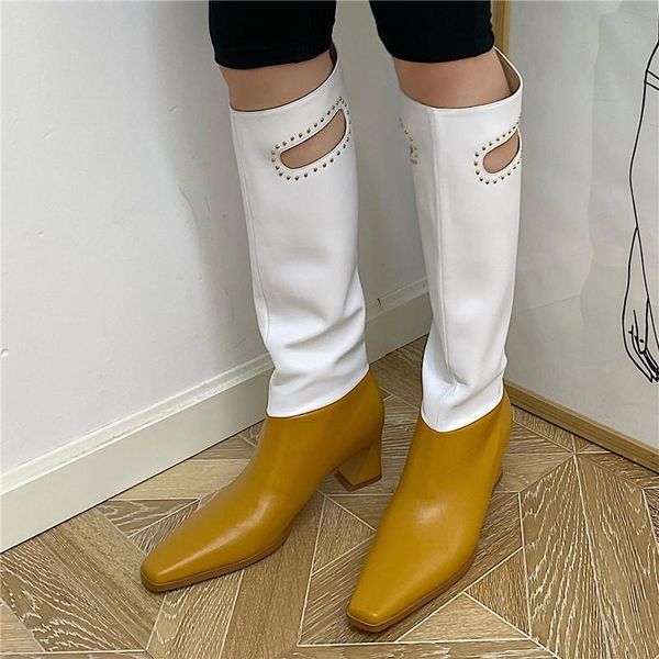 

boots ladies winter mid-calf square toe rivets genuine leather handmade mixed color heel slip on feminine shoes western, Black