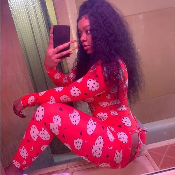 

women's long-sleeved homewear open crotch one-piece pajamas v-neck cartoon printed jumpsuit for fall and winter drop shipping, Black;white