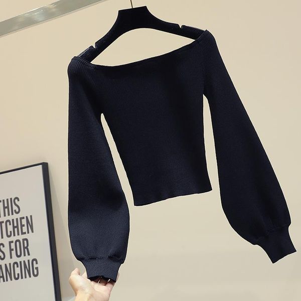 

deat 2020 autumn slash collar women short sweaters new slim-fit lantern-sleeve black jumper ladies knitted pullovers 820, White;black