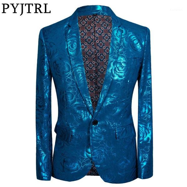 

pyjtrl tide men gilding shiny blue rose pattern casual slim fit suit jacket hip hop dj night club singers blazer stage wear1, White;black