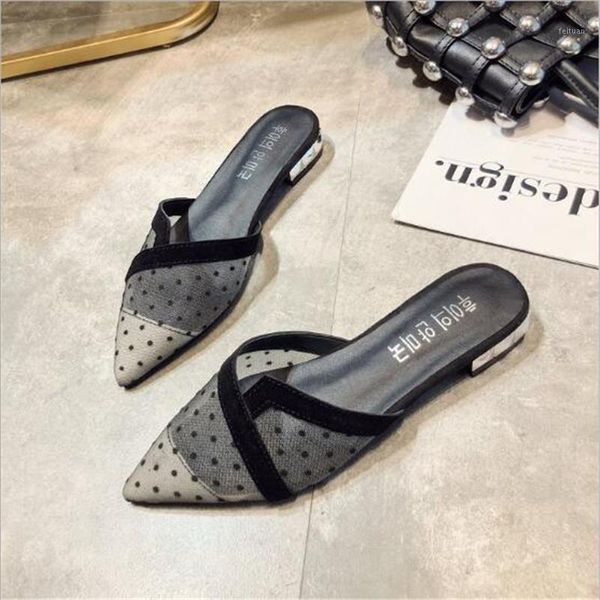 

new 2021 spring summer shoes women black white mesh stitching dot sandals female pointed toe shoes sandals women1
