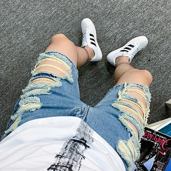 

summer denim shorts tide male korean version of the trend five points pants denim shorts hole trousers men's boys hip hop1, Blue