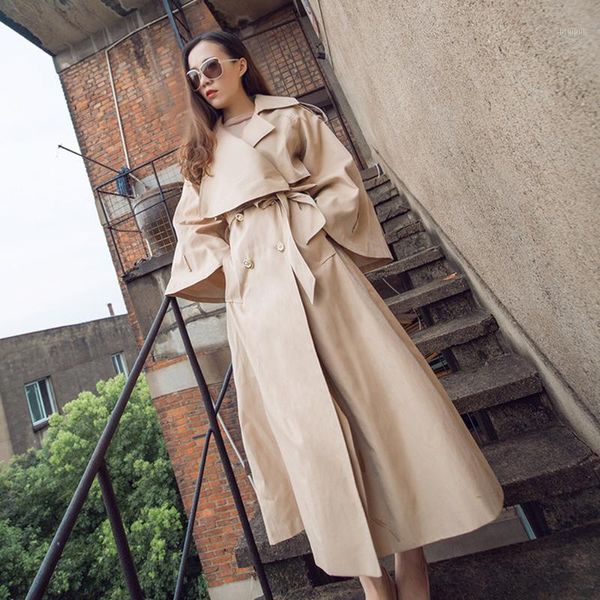 

2019 women lapel trench coat female autumn new style long trench coat with sashes1, Tan;black