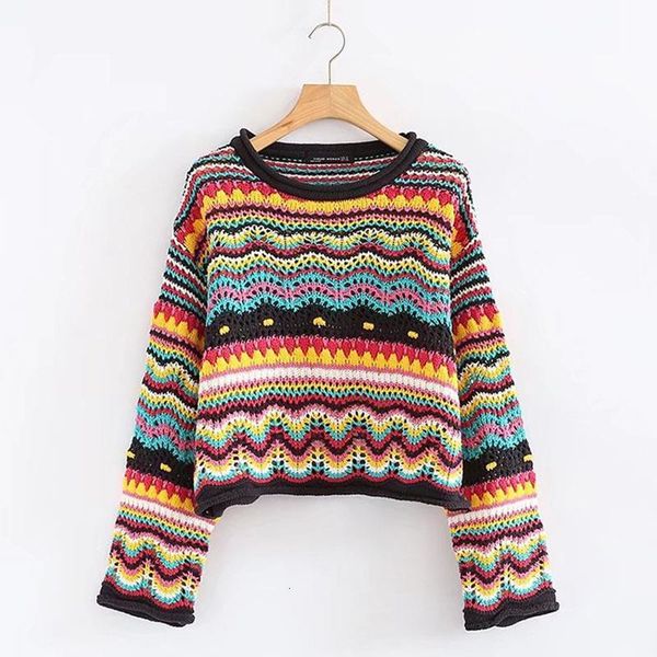 

vintage sweet multicolored yarn short knit sweater women 2021 new fashion o neck long sleeve ladies pullovers casual femme, White;black
