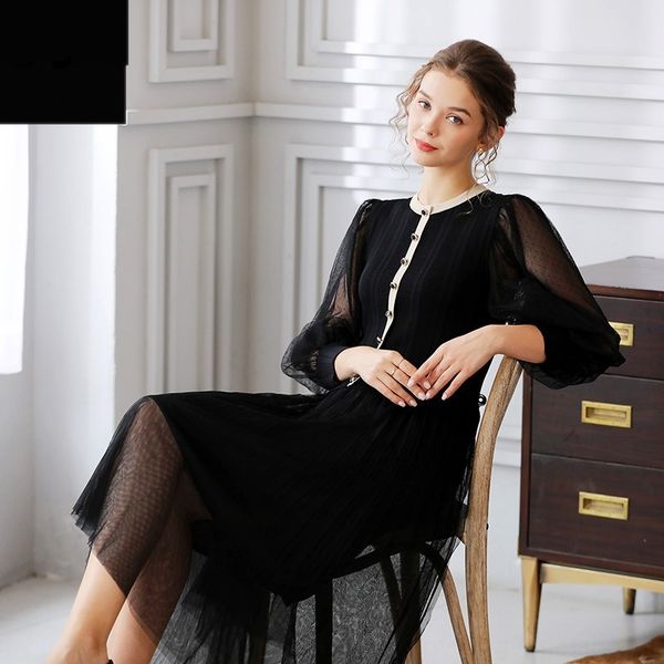 

nanyou 2020 dress long dress autumn new products knitted stitching mesh long skirt lantern sleeve small fragrance skirt 747id, Black;gray