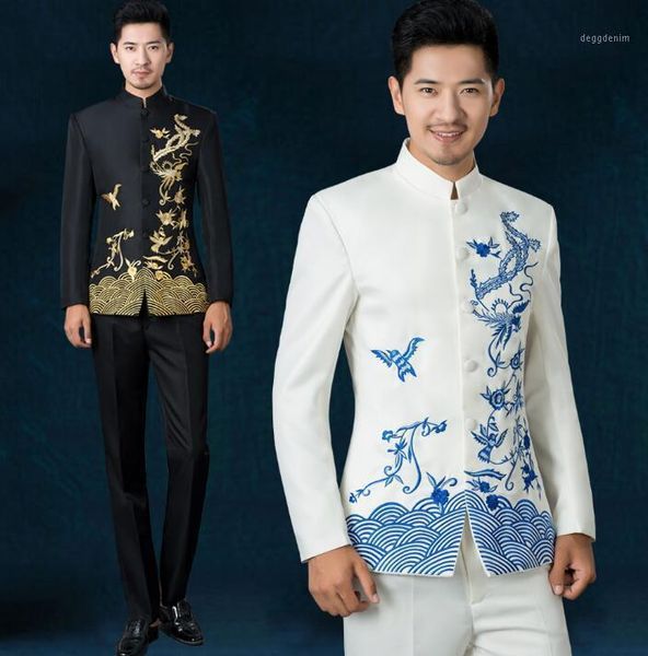 

men's suits & blazers blazer men formal dress chinese tunic suit costume homme terno stand collar marriage wedding for men's embro, White;black