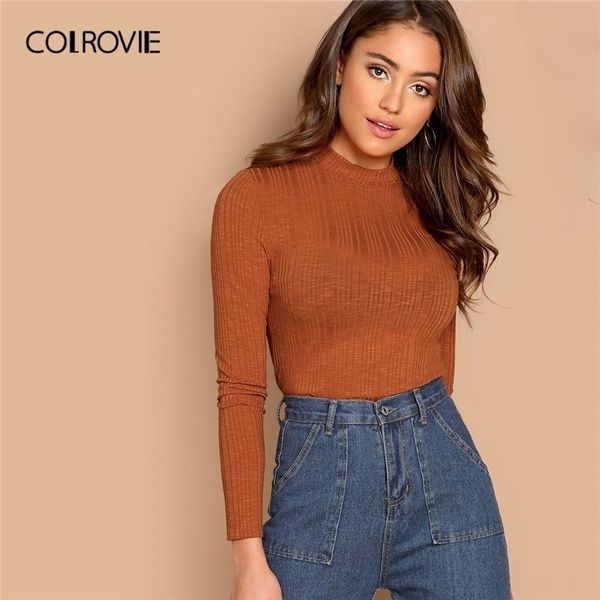 

colrovie orange stand collar slim fit workwear ribbed women basic shirt spring long sleeve casual office ladies t-shirt 201028, White