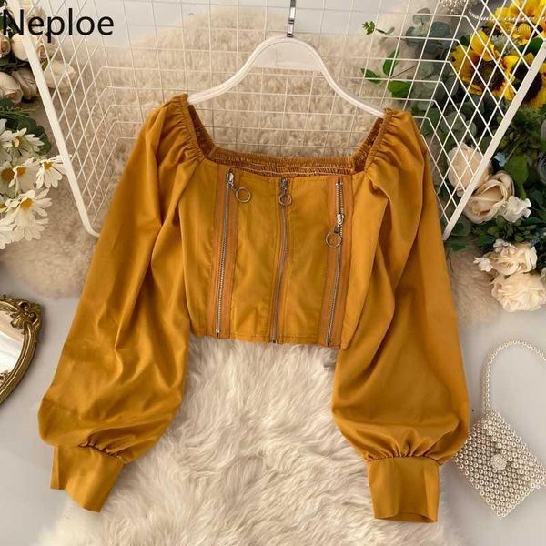 

neploe ins fashion zipper short blouse women vintage square collar lantern sleeve gothic blouse shirt ladies blusa 1a1941, White