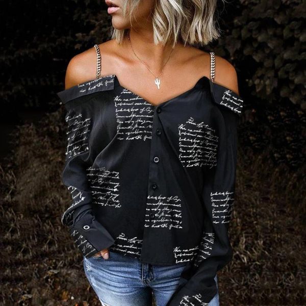 

vintage blouse shirts women autumn long sleeve letter print blouse off shoulder v neck spaghetti strap elegant shirts, White