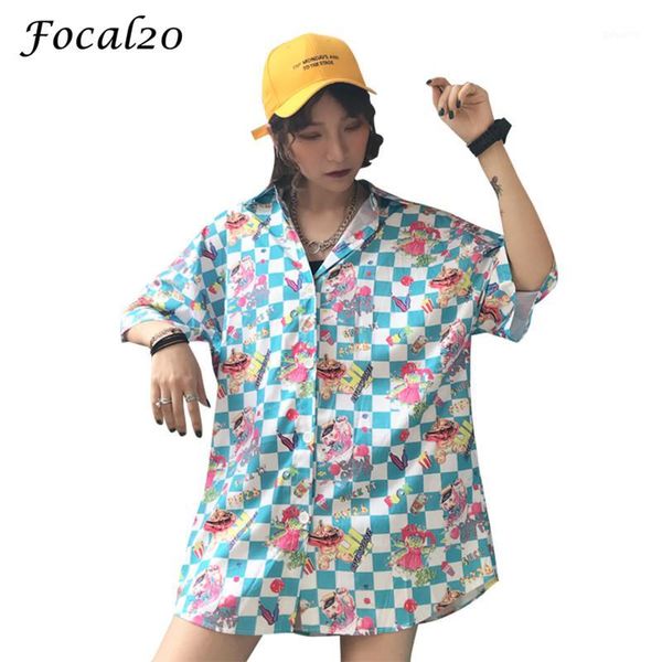 

focal20 streetwear cartoon character women plaid blouse shirt short sleeve turn-down collar oversized female funny blouse, White