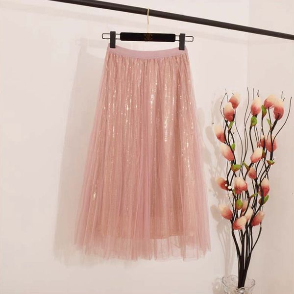 

2021 new skirts womens midi pleated spring summer tulle elastic high waist sequined mesh tutu skirt cc4x, Black