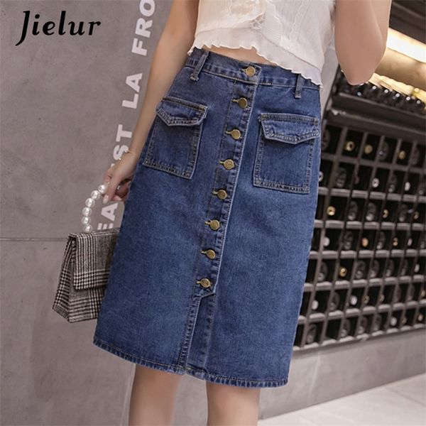 

jielur high waist denim skirts plus size buttons pockets classic jeans skirt for women s-5xl fashion korean elegant jupe femme y200326, Black