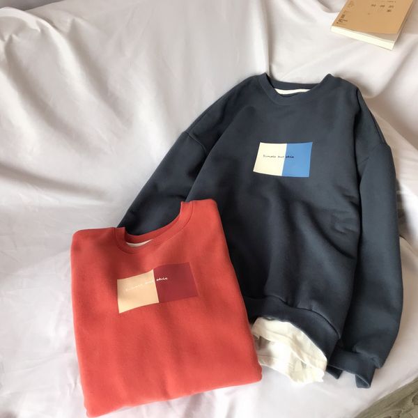 

winter new product 2019 plush sweater crew neck long sleeve student pullover coat pullover coat fake two piece splicing letter fashion for w, Black