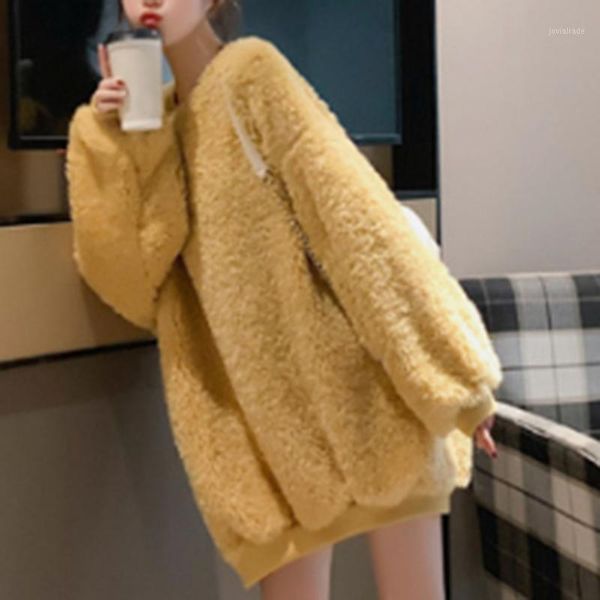 

women's hoodies & sweatshirts women thicker plush fur warm soft simple all-match leisure pullovers womens trendy sweatshirts1, Black