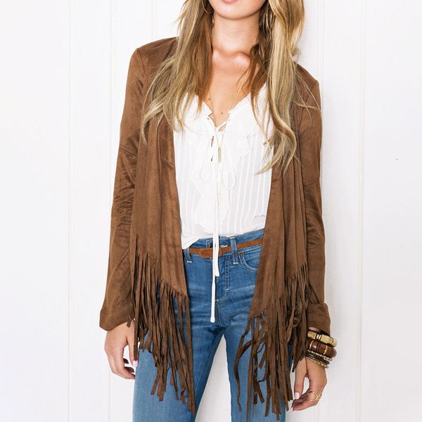 

autumn tassel women's jacket open stitch fashion cotton blend long sleeve brown female coat elegant streetwear slim lady jackets, Black;brown