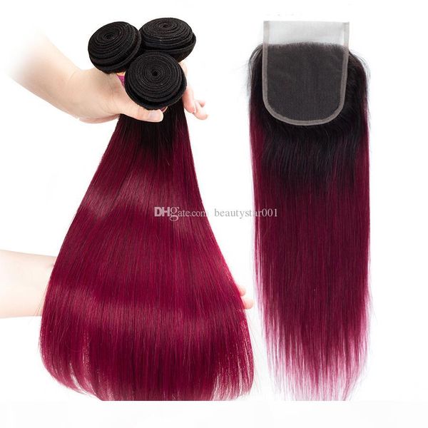 

black and 1b burgundy peruvian straight hair bundles with lace closure middle three part ombre red human hair bundles, Black;brown