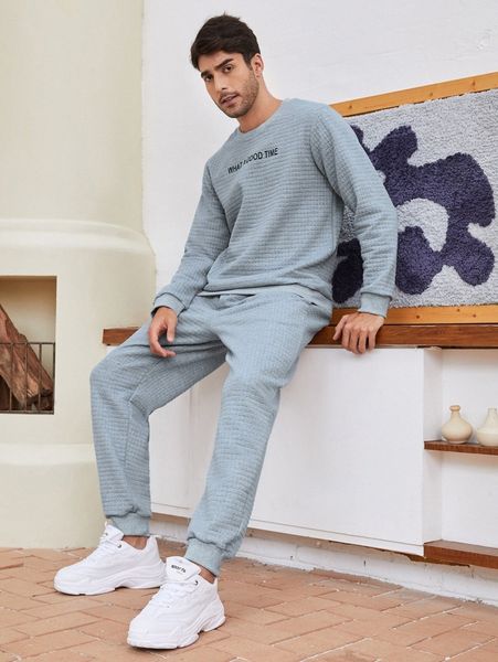 

men slogan graphic textured sweatshirt with joggers s8jx#, Gray