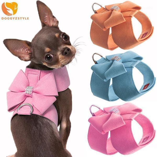 

dog collars & leashes pet vest harness bling rhinestone girl bow tie no pull soft suede leather puppy leash set cat kitten collar set1