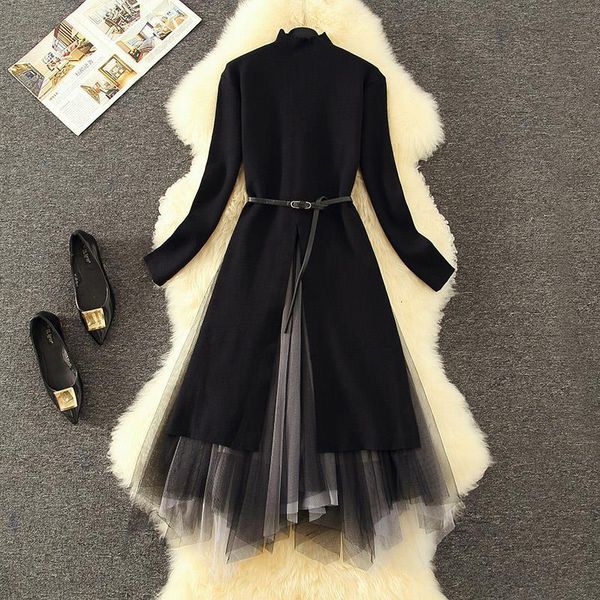 

women vintage black long knit dress suit turtleneck knitting gauze slim dress 2 pcs set women 2021 autumn winter dress, Black;gray
