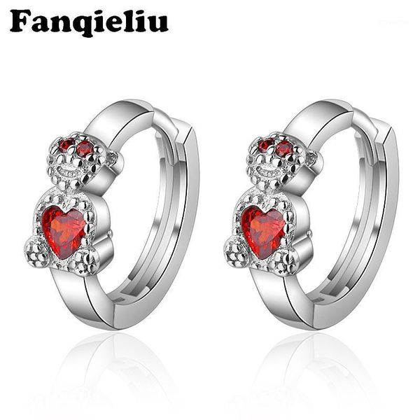 

fanqieliu red crystal heart cute bear hoops 100% real 925 sterling silver earrings for women small hoop earrings fql202771, Golden;silver