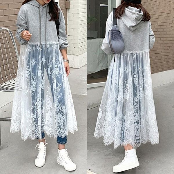 

women's hoodies & sweatshirts zanzea 2021 women lace patchwork stylish hooded maxi vestidos casual long sleeve pullovers oversized robe, Black