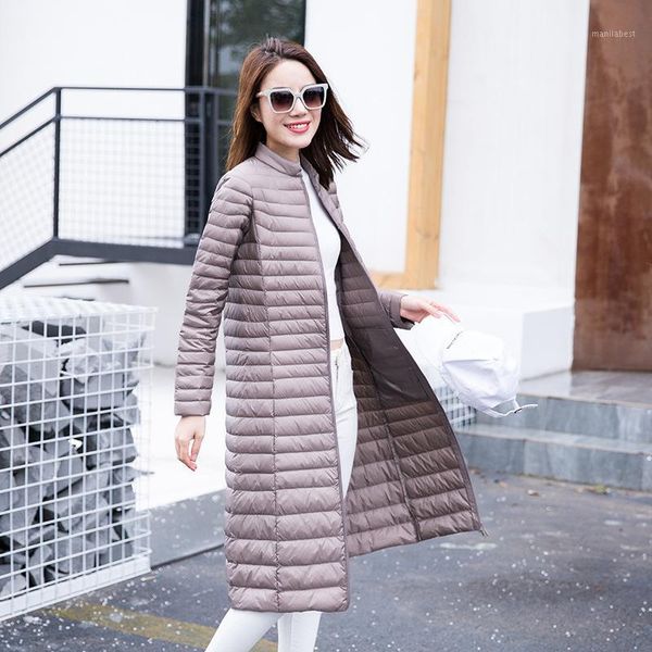 

20 autumn / winter new lightweight medium length down jacket female standing collar over knee slim coat for sale1, Black