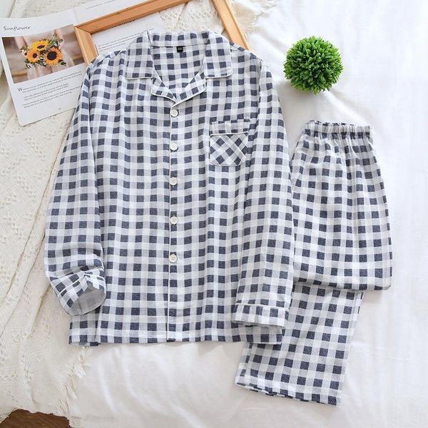 

japanese simple plaid pajamas sets men sleepwear 100% gauze cotton summer casual male long sleeve cozy pyjamas men1, Black;brown