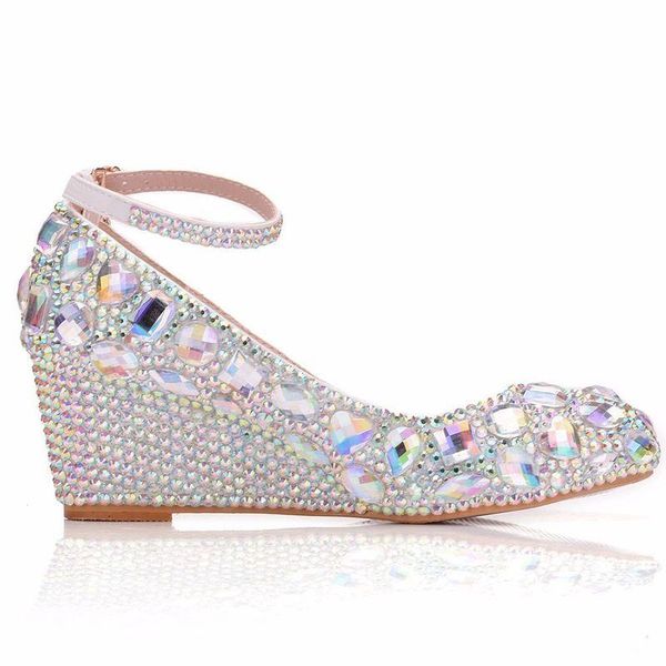 

women high heels shoes plus size platform wedges female pumps rhinestone round toe wedges 5.5cm high heels women's wedding shoes, Black