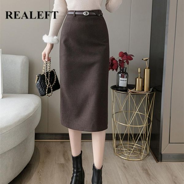 

skirts realeft autumn winter woolen women midi skirt with belt 2021 high waist elegant workwear back split a-line wrap female, Black