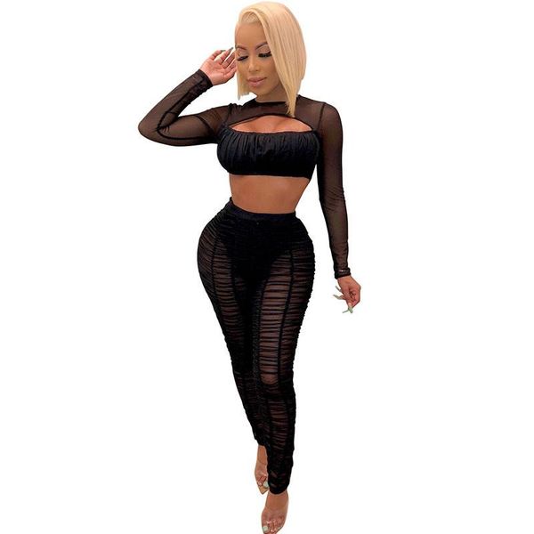 

mesh sheer ruched two pieces set women long sleeve see through cut out crop + ankle-length pants party matching outfits, Gray