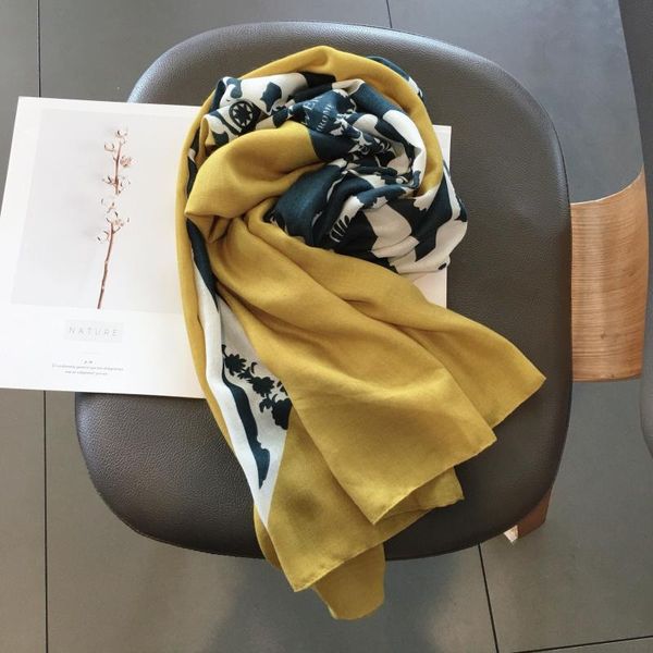 

scarves ouoi scarf female autumn and winter all-match yellow graffiti stitching long shawl dual-use cotton, Blue;gray