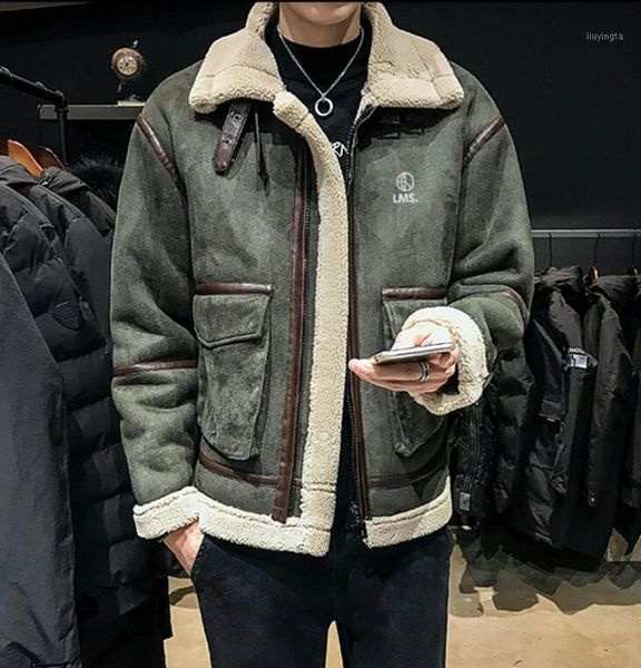 

fashion lambskin jacket men's winter thick section trend fur one thick jacket tide brand suede motorcycle1, Black